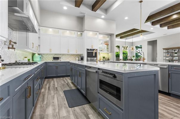 Interior, Kitchen, Pendant Lights, Recessed Lighting, Stainless Steel Appliances, Wooden Beams, Wood Texture Flooring