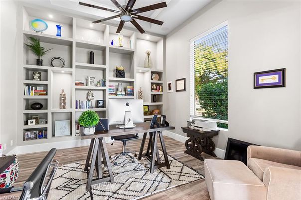 Home Office, Interior, Recessed Lighting, Wooden Beams, Wood Texture Flooring