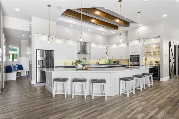 Interior, Kitchen, Pendant Lights, Recessed Lighting, Stainless Steel Appliances, Wooden Beams, Wood Texture Flooring