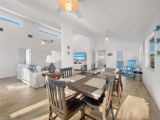 Dining room, Interior, Living room, Pendant Lights, Wood Texture Flooring