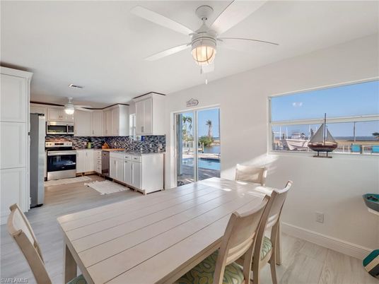 Dining room, Interior, Kitchen, Stainless Steel Appliances, Wood Texture Flooring
