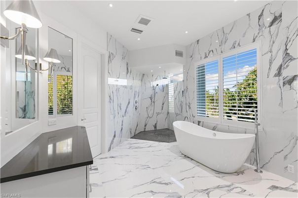 Bathroom, Free Standing Baths, Interior, Marble, Marble Walls, Recessed Lighting