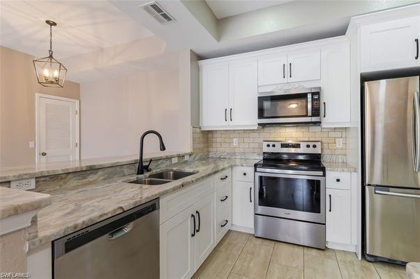 Interior, Kitchen, Pendant Lights, Stainless Steel Appliances, Wood Texture Flooring