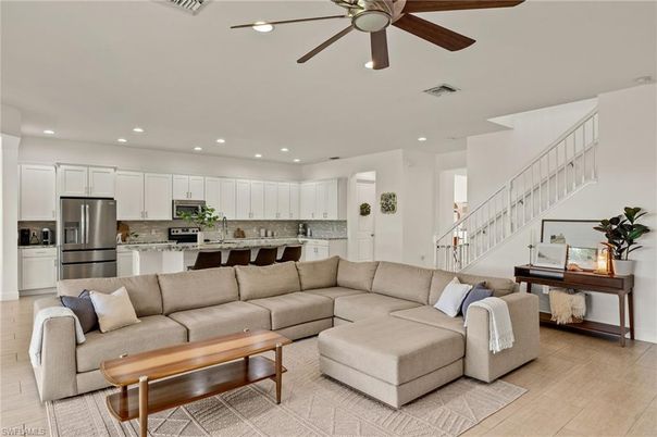 Interior, Kitchen, Living room, Recessed Lighting, Stainless Steel Appliances, Wood Texture Flooring