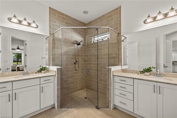 Bathroom, Dual Sink Vanities, Glass Shower, Interior, Stone Walls