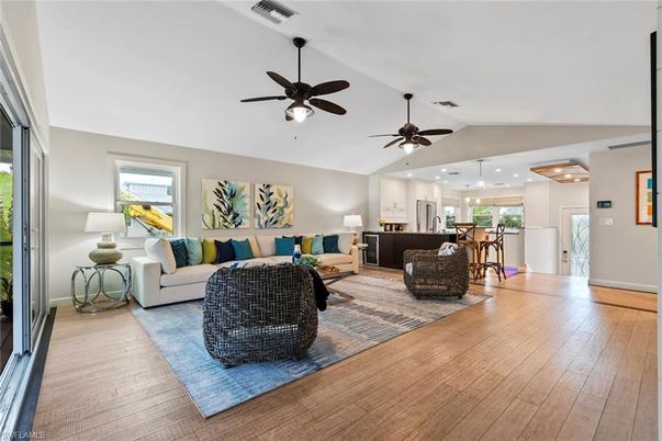 Interior, Kitchen, Living room, Pendant Lights, Recessed Lighting, Wood Texture Flooring
