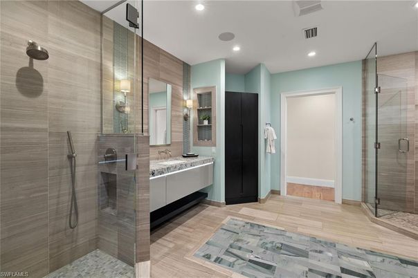 Bathroom, Glass Shower, Interior, Recessed Lighting, Wood Texture Flooring