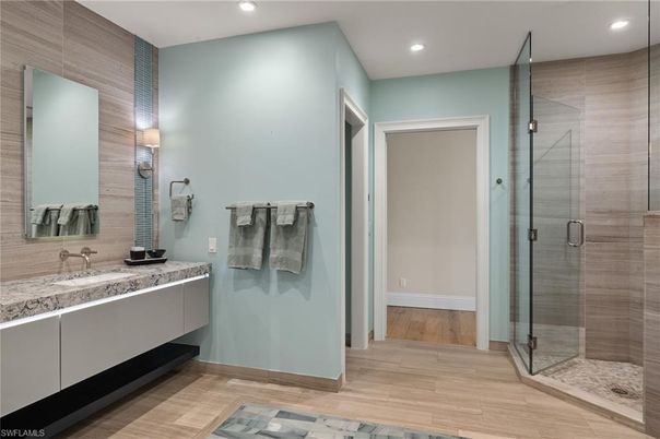 Bathroom, Glass Shower, Interior, Recessed Lighting, Wood Texture Flooring