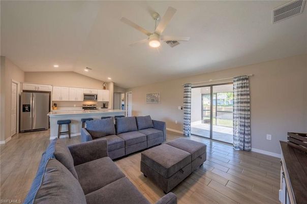 Interior, Kitchen, Living room, Recessed Lighting, Stainless Steel Appliances, Wood Texture Flooring