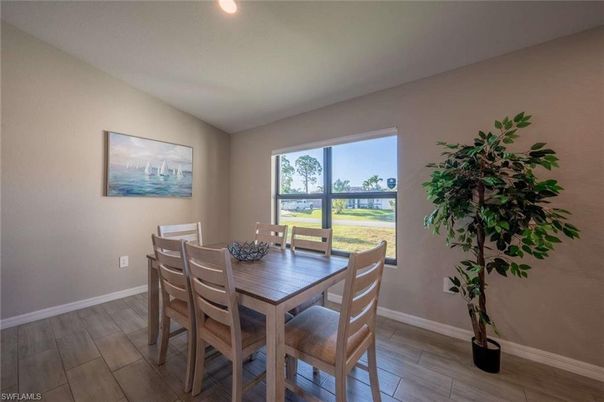 Dining room, Interior, Recessed Lighting, Wood Texture Flooring