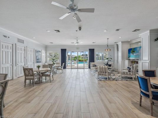 Dining room, Interior, Living room, Pendant Lights, Recessed Lighting, Wood Texture Flooring