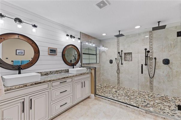 Bathroom, Dual Sink Vanities, Glass Shower, Interior, Recessed Lighting