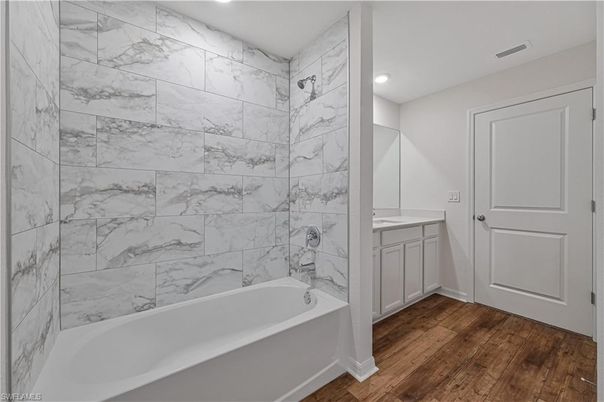 Bathroom, Interior, Marble Walls, Recessed Lighting, Wood Texture Flooring