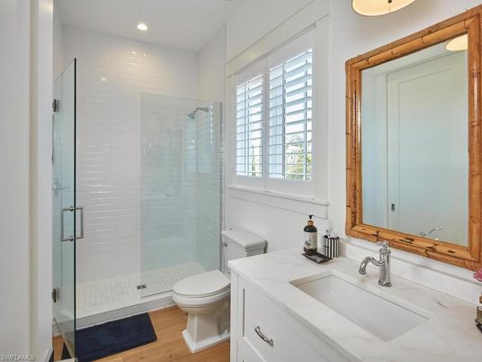 Bathroom, Glass Shower, Interior, Recessed Lighting, Wood Texture Flooring