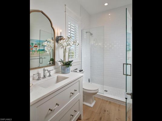 Bathroom, Glass Shower, Interior, Recessed Lighting, Wood Texture Flooring