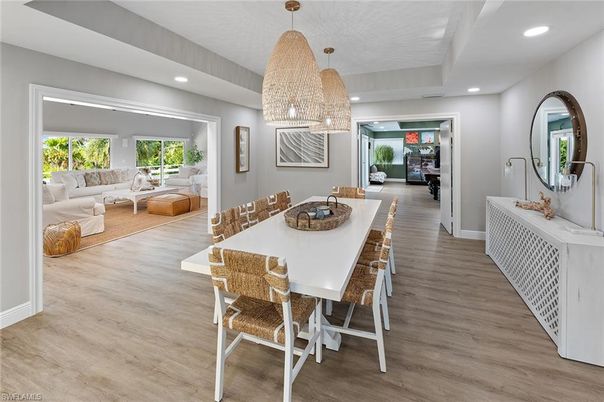 Chandelier, Dining room, Interior, Living room, Recessed Lighting, Wood Texture Flooring