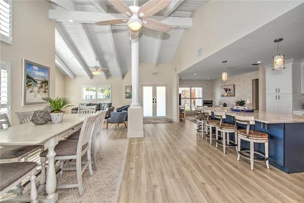 Dining room, Interior, Kitchen, Living room, Pendant Lights, Recessed Lighting, Stone Walls, Wood Texture Flooring