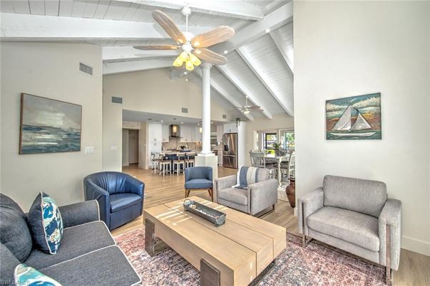 Dining room, Interior, Kitchen, Living room, Recessed Lighting, Stainless Steel Appliances, Wood Texture Flooring