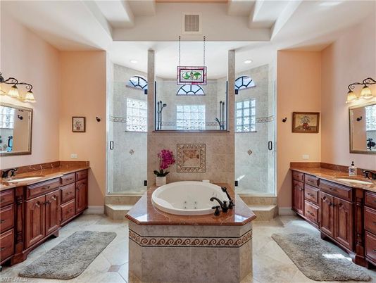 Bathroom, Dual Sink Vanities, Glass Shower, Interior, Pendant Lights, Recessed Lighting