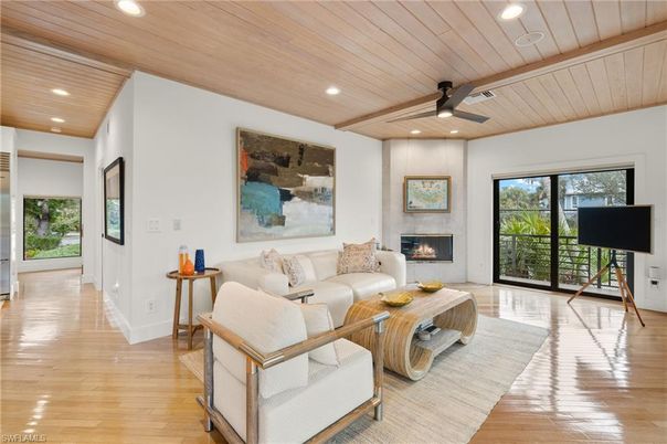 Fireplace, Interior, Living room, Recessed Lighting, Wooden Ceilings, Wood Texture Flooring