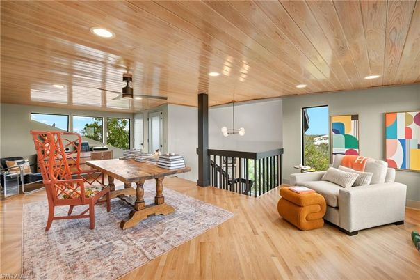 Home Office, Interior, Living room, Pendant Lights, Recessed Lighting, Wooden Ceilings, Wood Texture Flooring