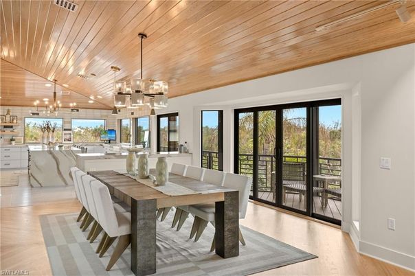 Chandelier, Dining room, Interior, Kitchen, Pendant Lights, Wooden Ceilings, Wood Texture Flooring