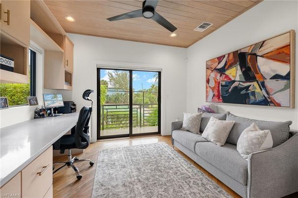 Home Office, Interior, Recessed Lighting, Wooden Ceilings, Wood Texture Flooring