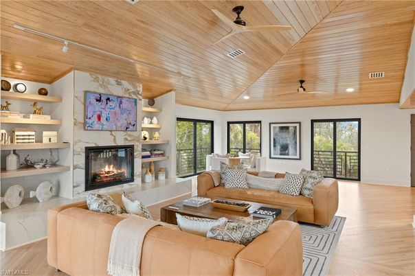 Dining room, Fireplace, Interior, Living room, Recessed Lighting, Wooden Ceilings, Wood Texture Flooring