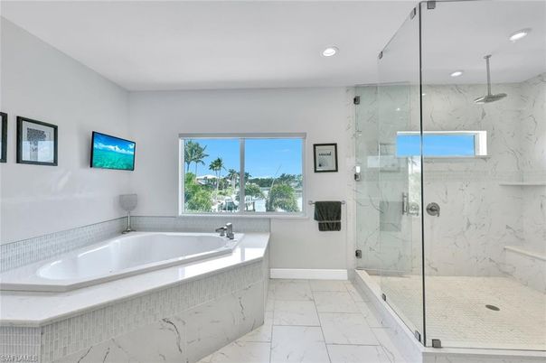 Bathroom, Dual Sink Vanities, Interior, Marble, Recessed Lighting