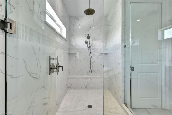 Bathroom, Glass Shower, Interior, Marble, Marble Walls, Recessed Lighting