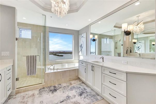 Bathroom, Chandelier, Dual Sink Vanities, Glass Shower, Interior, Recessed Lighting