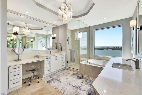 Bathroom, Chandelier, Dual Sink Vanities, Glass Shower, Interior, Recessed Lighting, Water