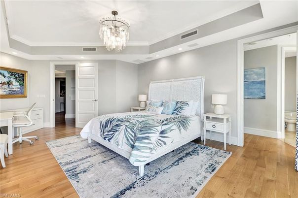 Bedroom, Chandelier, Interior, Recessed Lighting, Wood Texture Flooring