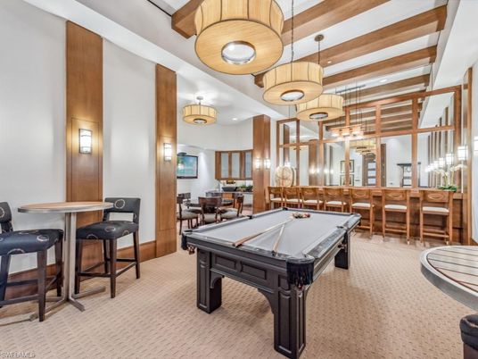 Billiard Table, Game Room, Interior, Pendant Lights, Recessed Lighting, Wooden Beams