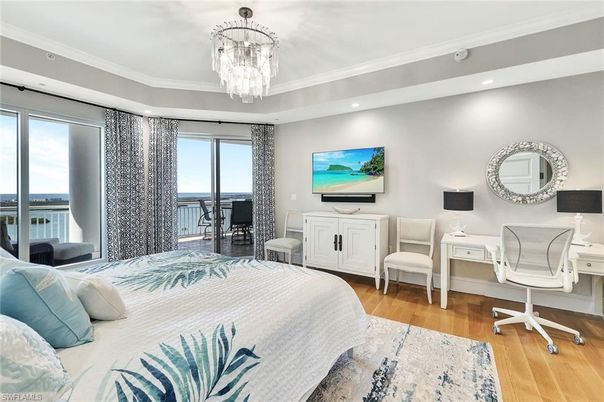 Bedroom, Chandelier, Home Office, Interior, Recessed Lighting, Wood Texture Flooring
