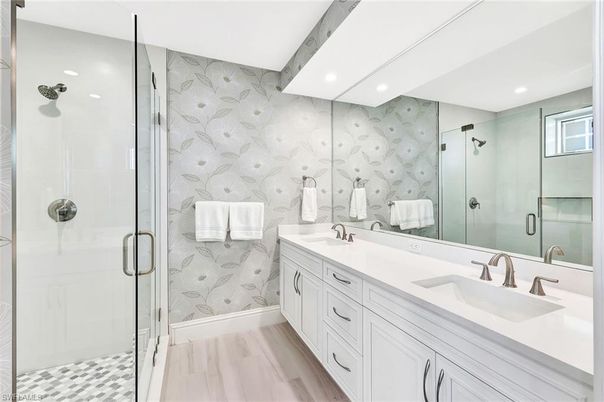 Bathroom, Dual Sink Vanities, Glass Shower, Interior, Recessed Lighting, Wooden Beams, Wood Texture Flooring
