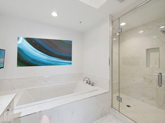 Bathroom, Glass Shower, Interior, Marble Walls, Recessed Lighting
