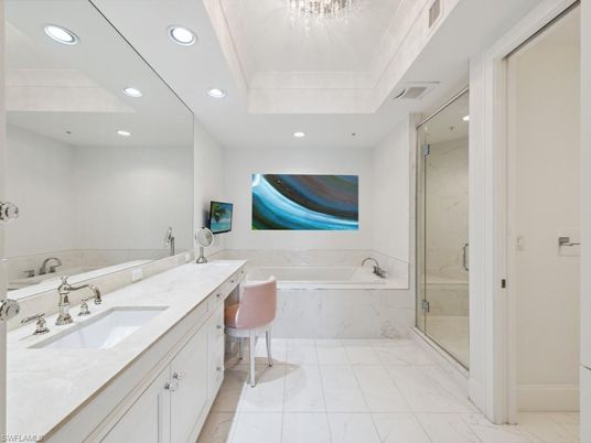 Bathroom, Dual Sink Vanities, Glass Shower, Interior, Marble, Marble Walls, Recessed Lighting