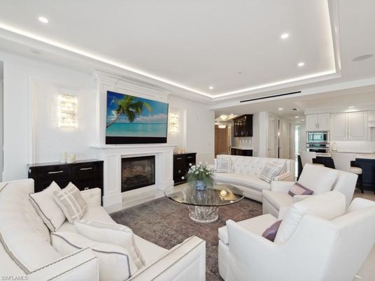 Fireplace, Interior, Kitchen, Living room, Recessed Lighting, Stainless Steel Appliances
