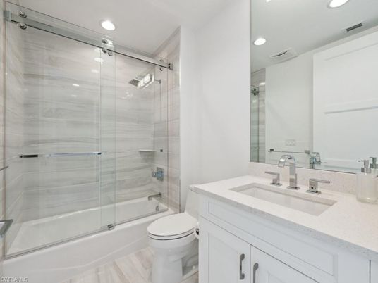 Bathroom, Glass Shower, Interior, Recessed Lighting, Wood Texture Flooring