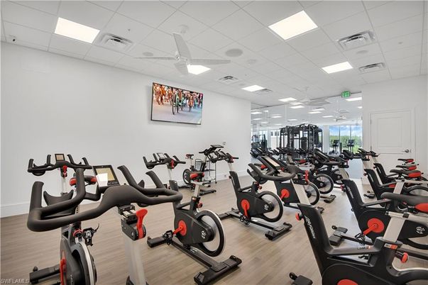 Fitness Equipment, Gym, Interior, Recessed Lighting, Wood Texture Flooring