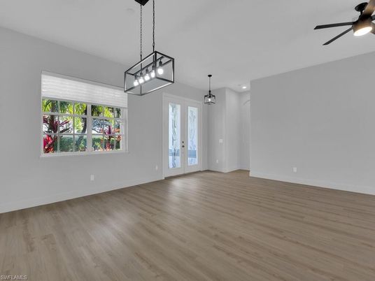 Empty room, Interior, Pendant Lights, Recessed Lighting, Wood Texture Flooring