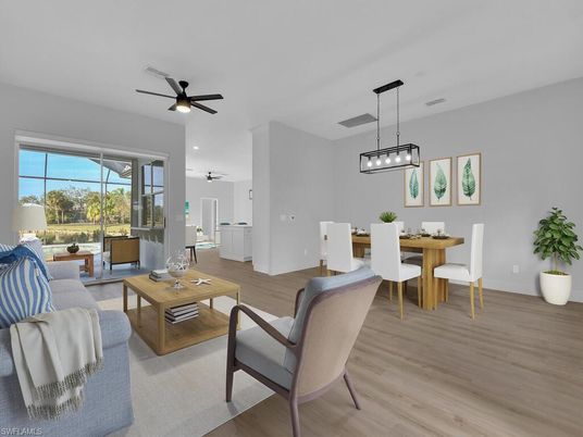 Dining room, Interior, Living room, Pendant Lights, Recessed Lighting, Wood Texture Flooring