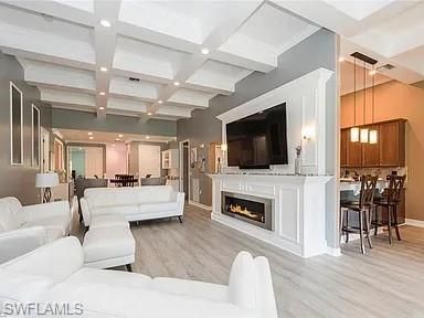 Dining room, Fireplace, Interior, Kitchen, Living room, Pendant Lights, Recessed Lighting, Wood Texture Flooring