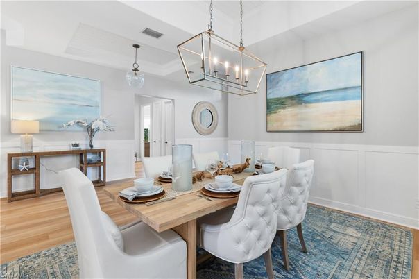 Chandelier, Dining room, Interior, Pendant Lights, Wood Texture Flooring