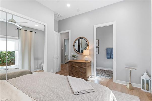Bedroom, Interior, Recessed Lighting, Wood Texture Flooring