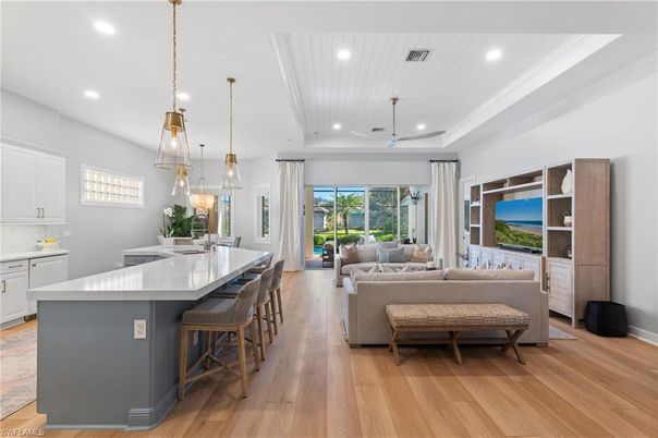 Interior, Kitchen, Living room, Pendant Lights, Recessed Lighting, Wood Texture Flooring