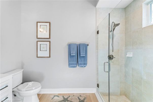 Bathroom, Glass Shower, Interior, Wood Texture Flooring