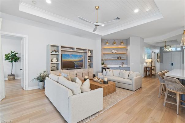 Dining room, Interior, Living room, Pendant Lights, Recessed Lighting, Wood Texture Flooring