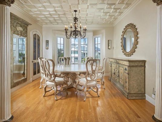 Chandelier, Dining room, Interior, Wood Texture Flooring